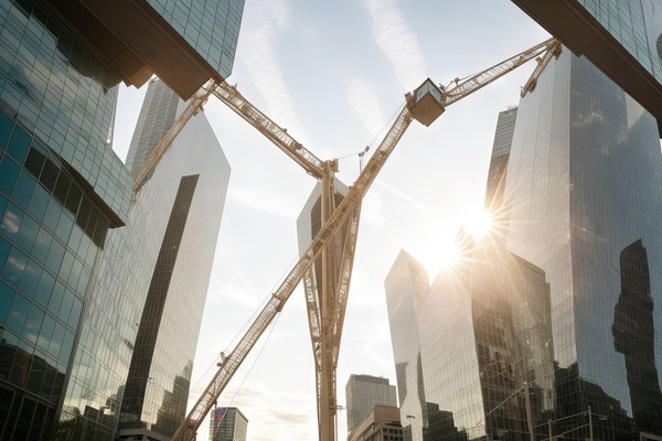 A construction crane forms a V-shape between tall glass skyscrapers, with sunlight shining through, creating a dramatic urban scene.