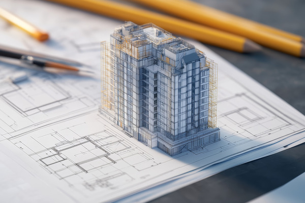A detailed architectural model of a building sits atop blueprints, with pencils and a compass nearby, showcasing design precision.