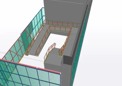 3D architectural model of a multi-story building featuring exposed staircases and structural elements, showing various construction details.