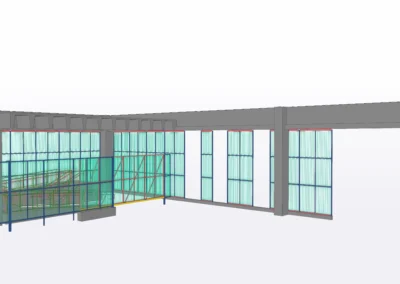 3D architectural model of a multi-story building featuring exposed staircases and structural elements, showing various construction details.