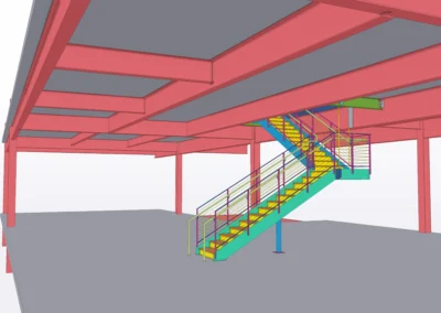 A colorful 3D rendering of a staircase with yellow steps, surrounded by pink structural beams and green supports.
