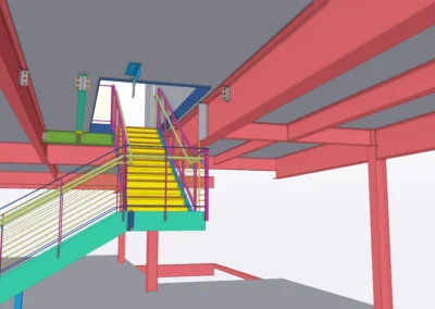 A colorful 3D rendering of a staircase with yellow steps, surrounded by pink structural beams and green supports.