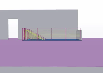 A colorful 3D rendering of a staircase with yellow steps, surrounded by pink structural beams and green supports.