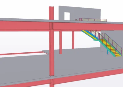 A colorful 3D rendering of a staircase with yellow steps, surrounded by pink structural beams and green supports.