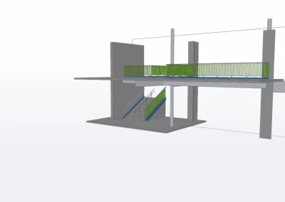 3D architectural model showcasing a multi-level structure with green railings, stairs, and minimalistic design elements.