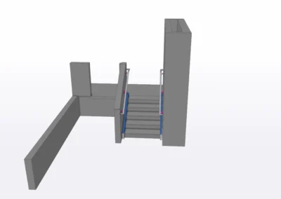 3D architectural model showcasing a multi-level structure with green railings, stairs, and minimalistic design elements.