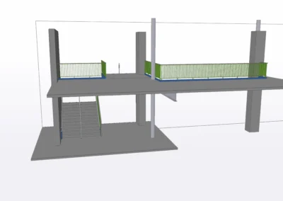3D architectural model showcasing a multi-level structure with green railings, stairs, and minimalistic design elements.